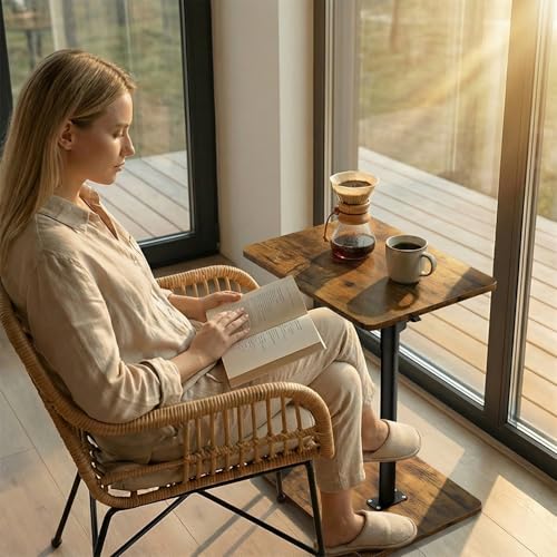 YUHFERA Sofa Armrest Tray Table for Couch - 360 Swivel Height Adjustable End Table for Small Spaces, Snack Side Table for Bed or Chair with Phone & Tablet Slot (Rustic, Enlarged) - color: Rich, size: Enlarged
