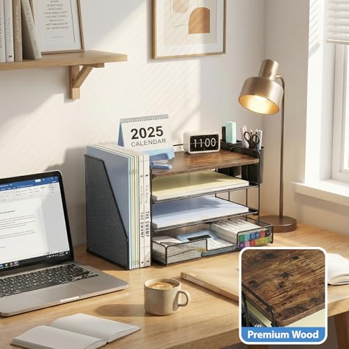 OPNICE Wood Desk Organizers and Accessories, 4-Tier Desktop File Organizer with Drawer and 2 Pen Holders, Office Desk Accessories Workspace Organizers for Office Supplies(Wood) - color: Wood, size: 4-Tier