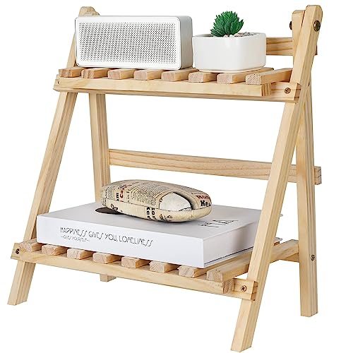 Jotsport 2-Step Desktop Storage Organizer Foldable 2 Tier Ladder Plant Stand Wood Display Shelf Decorative Storage Rack for Table Top - color: Natural
