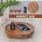 Demigo 10" Acacia Wood Round Tray - Decorative Plant Stand, Farmhouse Countertop Organizer, Multi-Purpose Display Pedestal, Riser Board for Soap, Perfume, Candles, Sponge, Bathroom, Kitchen
