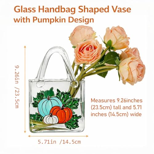 Glass Wallet Vase, Hand Painted Embossed Tote Bag with Handle, Thick Clear Glass Vase for Centerpiece, Fish Tank, Cute Home Decor Gift (Blue Pumpkin) - color: Blue Pumpkin