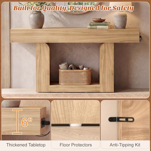 Homieasy Console Table, 63" Entryway Table with LED Lights & Charging Station, Farmhouse Wooden Sofa Table Behind Couch, Narrow Hallway Table for Living Room, Foyer, Entry, Natural Oak - color: Natural Oak, size: 63"