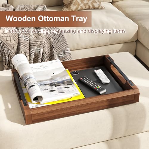 17 Inch Acacia Wood Ottoman Tray for Living Room, Wooden Serving Tray with Metal Handles, Large Serving Trays for Ottoman, Eating Food on Couch, Decorative Trays for Coffee Table, Bathroom, Home Decor