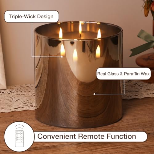 Eywamage 3 Wick Smoke Grey Glass Flameless LED Candle with Remote, Flickering Large Battery Pillar Candle Decor Φ 6" H 6" - color: Grey Glass