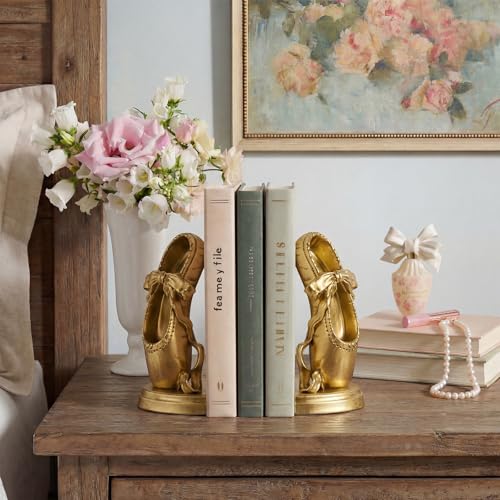 Bookends for Shelves, Ballet Slipper Decorative Bookends - Book Ends with Anti-Slip Pad for Book Lovers Dancers Heavy Book Holder for Home Office Decor (Gold) - color: Gold