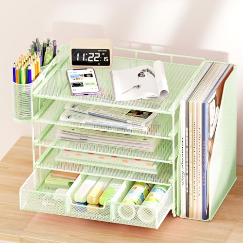 OPNICE Desk Organizer, 5-Tier Paper File Organizer with Drawer & Pen Holder, Office Desk Accessories, Workspace Desktop Organizer for Office Supplies(Green) - color: Green, size: 5-Tier