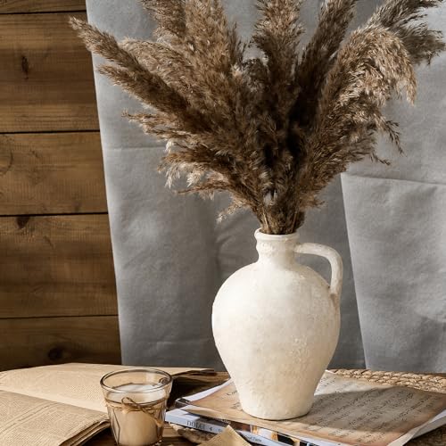 LUKA Ceramic Rustic Farmhouse Vase,8.25 inch Terracotta Vase with Handle,Neutral Clay Pot Vases Decorative Vase for Living Room,Table,Shelf Decor(Off-White,M) - color: Off-white, size: 8.25 inch (H)