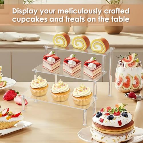Acrylic Display Risers,Clear Display Risers Stand Small Mini Shelf 3 Tiered Cupcake Stand for Food Desserts Stand Shelves for Party Perfume Organizer Toys Figures Collections Cosmetic Products Tabletop Use