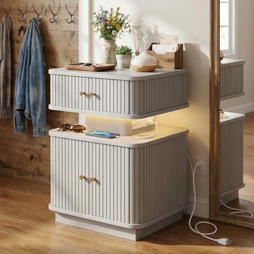 LED Light End Table with Charging Station, Grey Mid Century Bedside Table with USB Type A C Ports, Small Fluted Accent TV Control Nightstand with 2 Sliding Door for Living Room, Curvy Edge - color: Grey