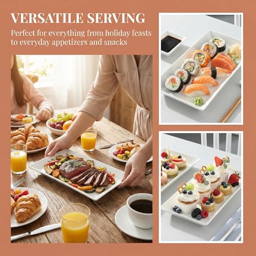 12" Serving Platters Set of 4, White Rectangular Plates, Ceramic Serving Tray, Stackable Large Party Plates for Appetizer, Dessert, Steak, Sushi, Housewarming Gift, Oven Dishwasher Safe - color: 12inch