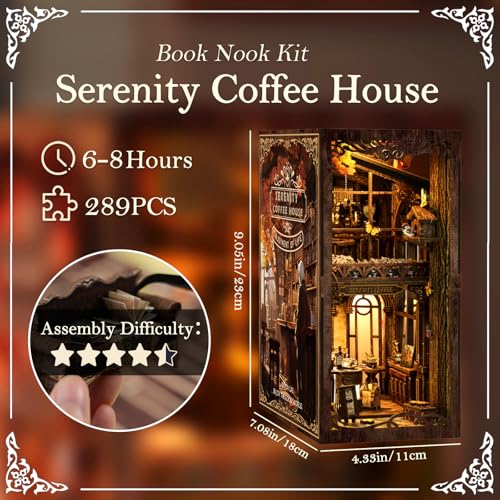 DIY Book Nook Kit Wooden Bookshelf Miniature Serenity Coffee House Kit 3D Wooden Puzzles Bookends Miniature House Kit Book Nook Bookshelf Insert Decor with LED Lights Wood Crafts for Adults