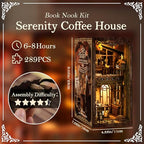 DIY Book Nook Kit Wooden Bookshelf Miniature Serenity Coffee House Kit 3D Wooden Puzzles Bookends Miniature House Kit Book Nook Bookshelf Insert Decor with LED Lights Wood Crafts for Adults