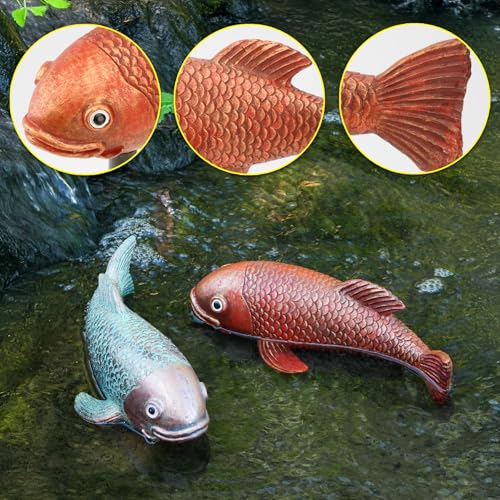 Teaeeno Antique Ceramic Koi Fish Garden Statues - Set of 2 | Exquisite Fish Sculptures for Outdoor, Patio, Pond, and Garden Decorations (Color) - color: Gold