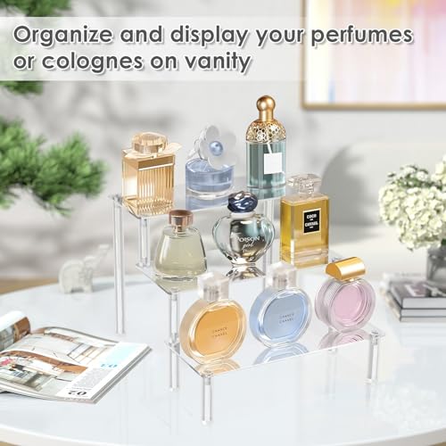 Acrylic Display Risers,Clear Display Risers Stand Small Mini Shelf 3 Tiered Cupcake Stand for Food Desserts Stand Shelves for Party Perfume Organizer Toys Figures Collections Cosmetic Products Tabletop Use