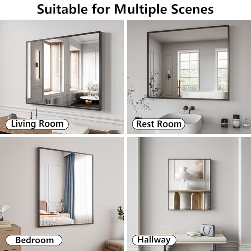 Koonmi Bathroom Mirror for Wall, 30"x36" Black Bathroom Mirror for Over Sink, Shatterproof Tempered Glass Vanity Mirror with Anti-Rust Aluminum Alloy Frame, Hang Horizontally or Vertically - color: Square Edged, size: 36"L x 30"W