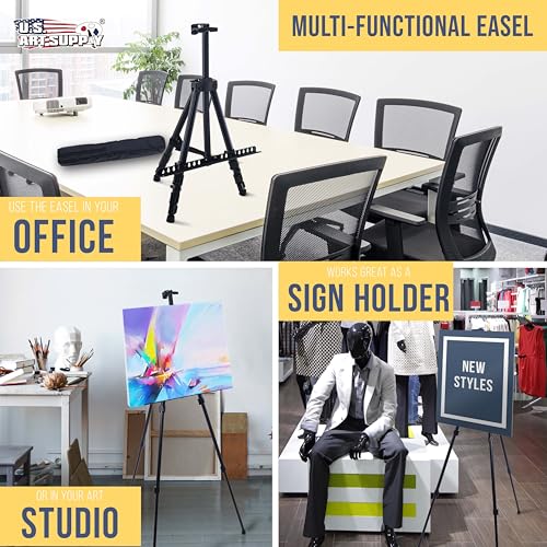 U.S. Art Supply 66" Black Metal Tripod Easel Display (2 Pack) - Adjustable 20"- 5.5', Holds 32" Canvas - Floor/Tabletop Easel Stand, for Sign Display, Painting, Poster Board, Canvas - Portable Bag