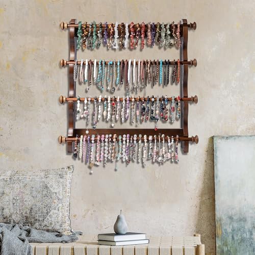 4 Tier Wooden Bracelet Holder Wall-Mounted, Bangle Watch Necklace Display Storage Antique Bracelet Display Jewelry Holder Display Organizer, Brown 4 Tier Wooden Bracelet Holder - style: 4 Tier Wall Monuted