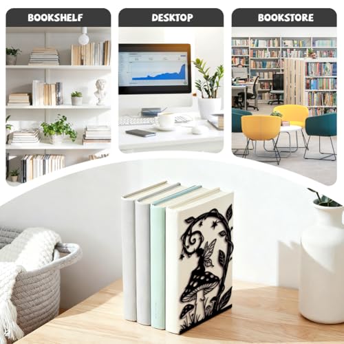 Peacoblue Metal Bookends for Shelves, Modern Decorative Heavy Duty Study Book Ends Stoppers for Office Desk Shelf, Room 5.3"x4.3"x7.9" Cast Iron Tall Bookends 1 Pair (Fairy Tale with Mushroom) - style: Fairy Tale with Mushroom