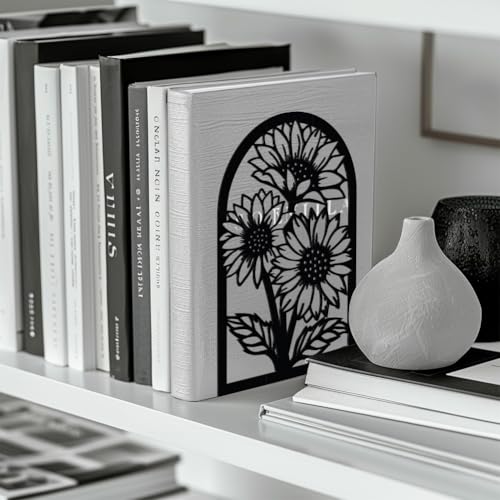 Peacoblue Metal Bookends for Shelves, Modern Decorative Heavy Duty Study Book Support Stoppers for Office, Desk, Shelf, Room 5.3"x4.3"x7.9" Cast Iron Simple Tall Bookends, 1 Pair (Sunflowers) - style: Sunflowers
