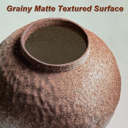 GeLive Round Hammered Finish‌ Rustic Pottery Vase, Handmade Ceramic Flower Vase for Home Decor, Farmhouse Centerpiece Moon Jar Vase (Brown, 7inch)‌