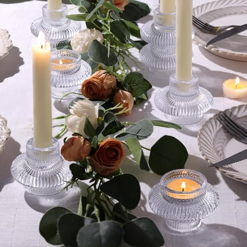 Glass Candlestick Holders 10 Pcs – Clear Ribbed Taper Candle Holders, Vintage Votive Candle Holders for Table Centerpiece, Wedding Christmas Dinner Party Decorations - color: Clear