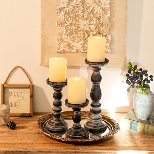 Wooden Pillar Candle Holder: Rustic Black Candle Stand Wood Distressed Candleholders Farmhouse Fall Decor for Christmas Fireplace Mantle Dining Table Living Room Shelf Set of 3 - color: Black, size: 5.9", 8.26", 11.81"