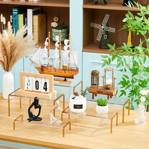RattanView 5 Pack Clear Acrylic Purses Display Stands, 11" L 5mm Thick Luxury Purse, Handbag, Jewelry & Perfume Risers, Gold Luxury Shoe Display Riser for Closet, Boutique, Vendor Events (5 Tier) - size: 5 Tier