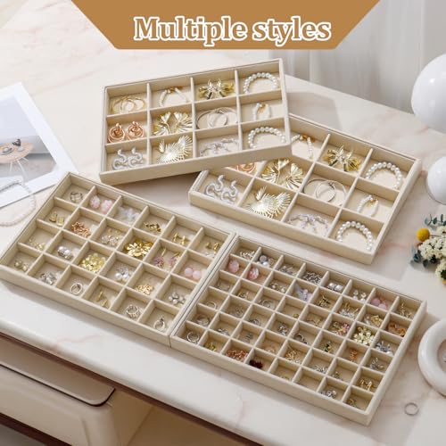 Large Jewelry Drawer Organizer Trays Set of 4, Stackable Velvet Jewelry Trays Organizer Holder Display Storage Showcase for Earring Necklace Bracelet Ring Accessary (Beige, 12+12+24+48 Grids) - color: Beige, size: 12+12+24+48 Grids