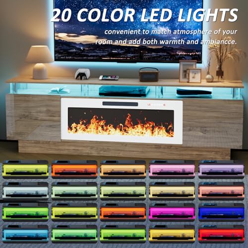 LEMBERI 70" Fireplace TV Stand for TVs up to 80 Inches with White 36'' Electric Fireplace & Remote, Modern Entertainment Center with LED Light,Woodeen TV Console for Living Room, 8 Acrylic Posts, Gray - color: Gray With White Fireplace (Acrylic Posts), si