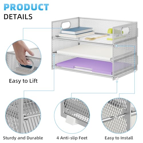 Marbrasse 3 Tier Paper Organizer Letter Tray, Mesh File Organizer with Handle, Paper Sorter Desk Organizer for Home Office Supplies - Silver - color: Silver