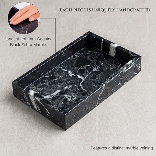 Bey-Berk Ezra Black Zebra Marble Guest Towel Tray – Rectangular Bathroom Vanity Organizer for Countertop Storage - color: Black
