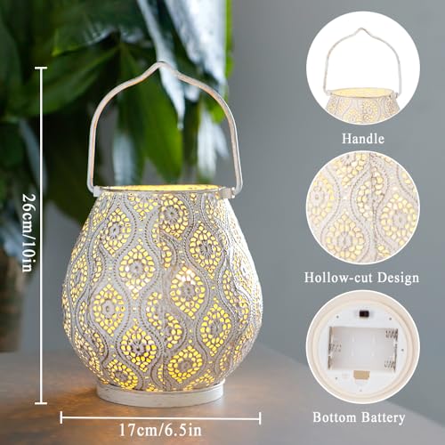 TRIROCKS Set of 2 Moroccan Decorative Lamps 8'' High Battery Powered Cordless Lamp Metal Table Lamps with Fairy Lights Bulb for Home Living Room Garden Yard Party Events Tabletop Indoor Outdoor(White) - color: White