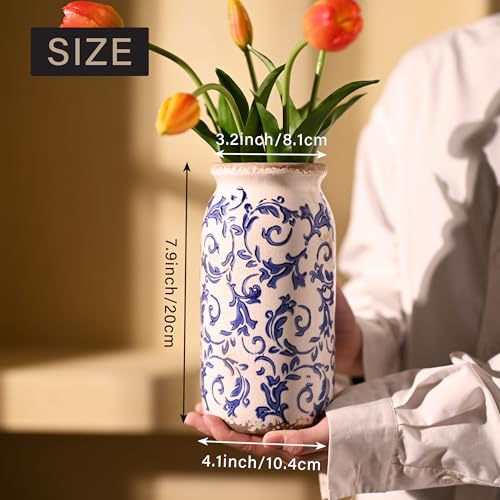 VICTOR & TERESA Rustic Blue and White Vase for Home Decor, Ceramic Vases for Flowers, Modern Farmhouse Decorative Vases for Pampas Grass,Table, Mantel, Living Room,Bookshelf, Centerpieces, 8'' - color: Blue and White, size: Medium-8''