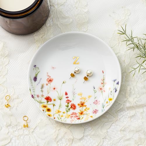 Crisky Initial Jewelry Tray Ring Dish & Gift Box, Ceramic Flower Trinket Dish for Rings Earrings Necklaces Keys, Bridal Shower Engagement Birthday Gift for Women, Friends 4.57" (Gold Foil Z - style: Initial Z
