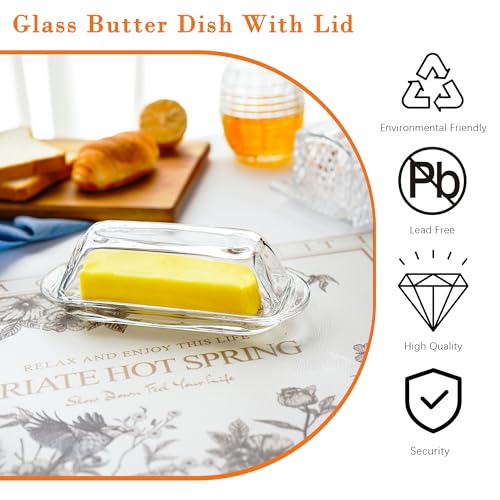 7 Inches Glass Butter Dish with Lid for Countertop - Crystal Glass Butter Keeper Elegant Clear Butter Holder Tray for 1 Stick East Coast,Dishwasher Safe - size: 7.3*2.9*2.2inch