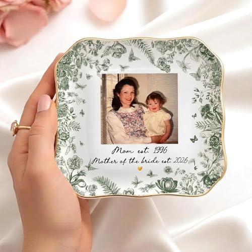 NAZENTI Custom Photo Jewelry Dish Mother of the Groom Bride Wedding Keepsake Tray Personalized Porcelain Ring Holder for Mom Birthday Anniversary Present Engagement Ceremony Decorations Memento Plate - color: Design 01