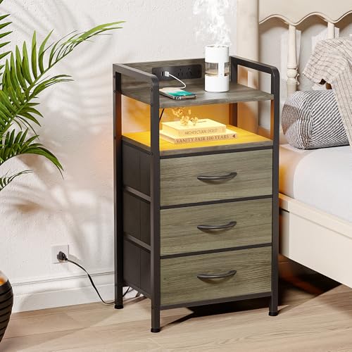 Lazzanto Night Stand with Charger Station - Grey Nightstand with LED Light Strip, Morden Bedside Table with USB Ports & AC Outlets, End Table with Storage Shelf & 3 Fabric Drawers - color: Grey, size: 3 Drawers