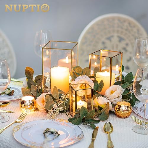 NUPTIO Hurricane Glass Candle Holders: 3Pcs Gold Lanterns Candle Holder for Pillar Candles Geometric Table Centerpiece for Outdoor & Indoor Wedding Christmas Holiday Party Decor 8.1 & 6.5 & 4.7 inch - color: Gold, size: 8.1 & 6.5 & 4.7 inch H - 3 Pcs