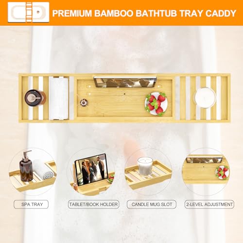 Bathtub Tray - Bath Tray Expandable - Bath Table Trays for Bathtub/Tub,Premium Bamboo Wooden, Fits Most Bath Tubs - color: Bright Yellow