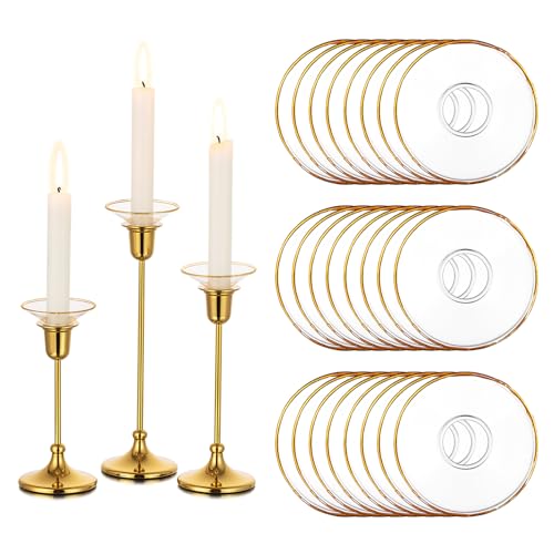 Glasseam Glass Candle Drip Protectors for Candle Stick Holder, Gold Rim Bobeches for Chandeliers Set of 24, Round Bobeche Candle Guards for Taper Candle Holder, Wax Catchers for Candles Dining Room - color: Gold Rim, size: Flat-24pcs