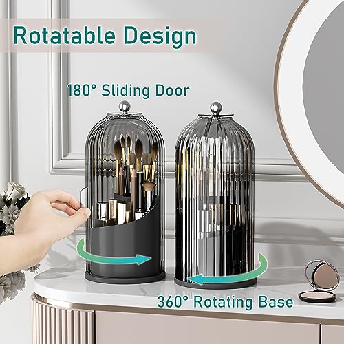 GAXmi Makeup Brush Holder with Lid Cosmetic Tools Organizer 360 Rotating Waterproof Dustproof Beauty Brushes Storage for Vanity, Black-Grey - color: Black-Grey