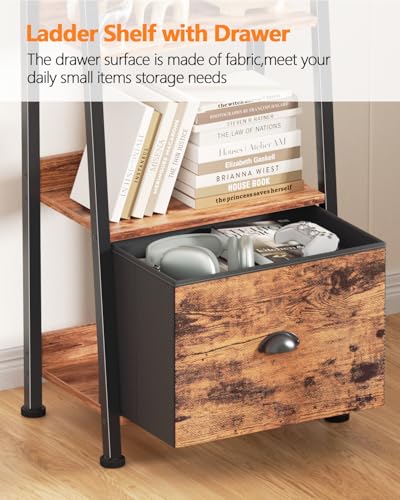 Furologee Bookshelf Set of 2, 6-Tier Ladder Shelf, Ladder Bookshelf with Drawer, Set of 2 Bookshelves, Metal Storage Shelf for Living Room, Home Office, Bedroom, Balcony,Kitchen, Rustic Brown - color: Rustic Brown, size: 6 Tier -2 PCS