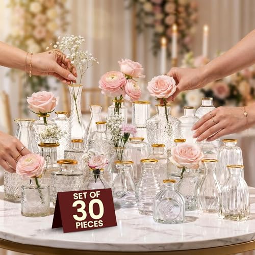 30 Pcs Premium Clear Bud Vases with Gold Rims - Small Bud Vases in Bulk for Table & Wedding Decor - Mini Vases for Flowers, Centerpieces and Home Decorations - Event Styling Vintage Vases - color: 30 Pcs Clear + Gold Rim, size: 30 Pcs