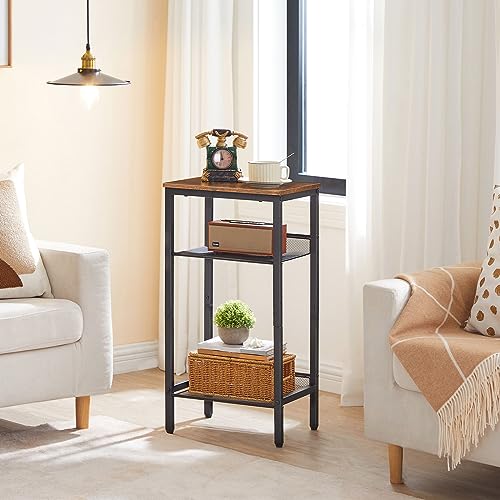 HOOBRO Side Table, 3-Tier Tall End Telephone Table with Adjustable Mesh Shelves, Small Entry Table for Living Room Bedroom Hallway or Office, Rustic Brown and Black BF01DH01G1 - color: Rustic Brown + Black