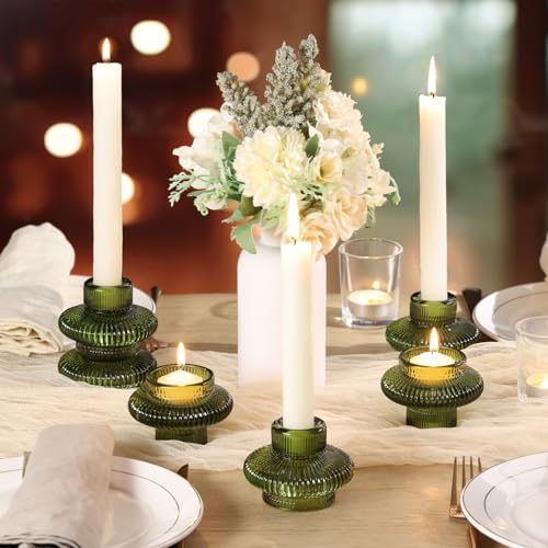 Green Taper Candle Holders Set of 10 for Taper Candles/Tea Lights, Ribbed Glass Candlestick Holders for Boho Wedding Table, Vintage Candle Sticks Holder Decor Home Decor - color: Green