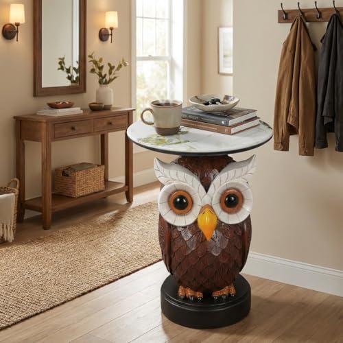 Artistic 3D Owl Sculpture End Table with Faux Marble Top,from Odorless Resin, Multi-Functional Accent Table for Living Room, Entryway, Stable Scratch-Resistant Design, No-Tool Assembly - color: Red Owl