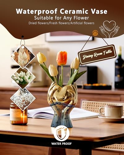 8" Heart Hand Gold Ceramic Vase - Unique Modern Aesthetic Flowers Vase for Living Room Bedroom Office Kitchen Table Centerpiece or Shelf Decor-Gifts for Wedding Bridal Shower Women Mom (Gold) - color: Gold