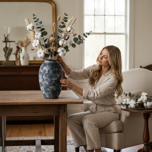 Lvases Farmhouse Rustic Ceramic Vase, 10.6 inch Gray-White Textured Modern Weathered Pottery Terracotta Vintage Vases for Home Decor Enterway Coffee Table Mantel Shelf Decorative (Tall - B) - color: Gray+white, size: 5.9 in X 10.6 in