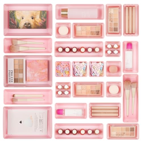 Vtopmart 25 PCS Plastic Drawer Organizers Set, 4-Size Versatile Bathroom and Vanity Drawer Organizer Trays, Storage Bins for Makeup, Bedroom, Kitchen Gadgets Utensils and Office - color: Pink