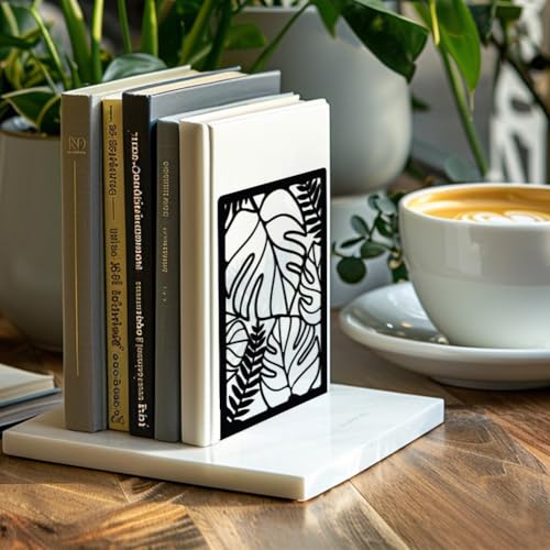 Peacoblue Metal Bookends for Shelves, Modern Decorative Heavy Duty Study Book Support Stoppers for Office, Desk, Shelf, Room 5.3"x4.3"x7.9" Cast Iron Bookends, 1 Pair (Tropical Monstera Deliciosa) - color: Tropical Monstera Deliciosa Leaves